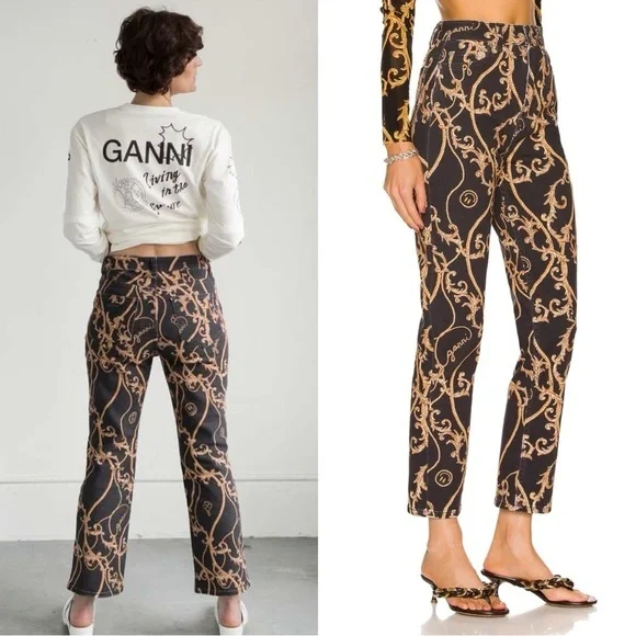 GANNI 90s Baroque Logo Print Denim‎ High Rise Cropped Bootcut Flare Leg Jeans 26